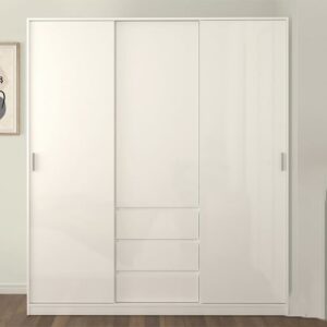 Nakou High Gloss Sliding Wardrobe 3 Doors 3 Drawers In White
