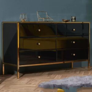 Finback Black Glass Chest Of 6 Drawers With Gold Frame
