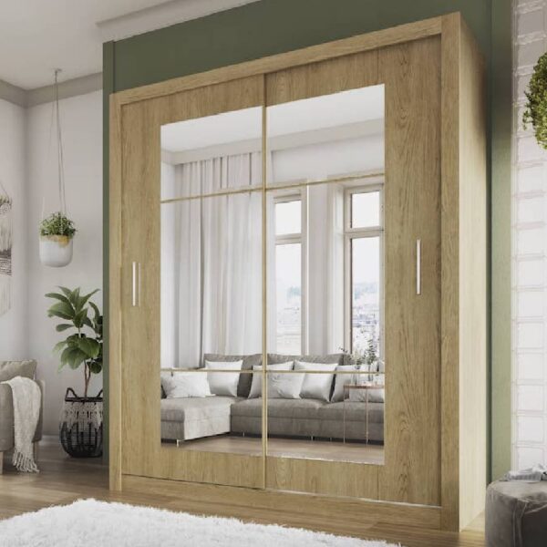Ionia Wooden Wardrobe 180cm With 2 Sliding Doors In Shetland Oak